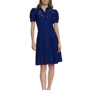 Maggie London Lace Puff Sleeve Midi Shirt Dress Blue Sz 8